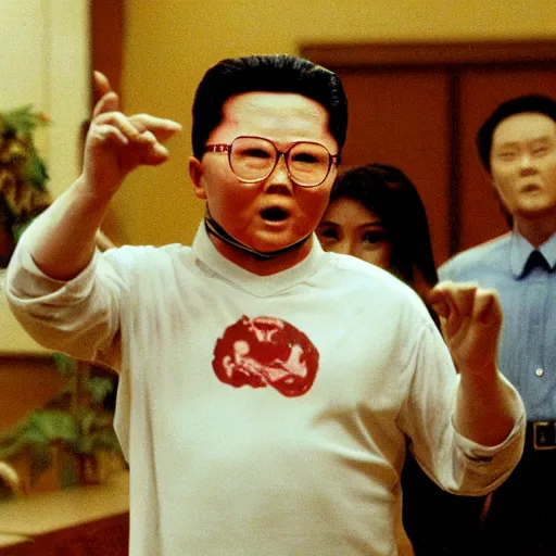 Prompt: movie still of Kim Jong-il wearing a white hockey mask in the role of Jason Voorhees from Friday the 13th, Cooke Varotal 20-100mm T3.1, 35mm film