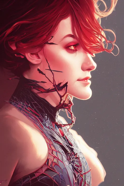 Prompt: a portrait of spider - carnage, fantasy, sharp focus, intricate, elegant, digital painting, artstation, matte, highly detailed, concept art, illustration, ambient lighting, art by ilya kuvshinov, artgerm, alphonse mucha, and greg rutkowski