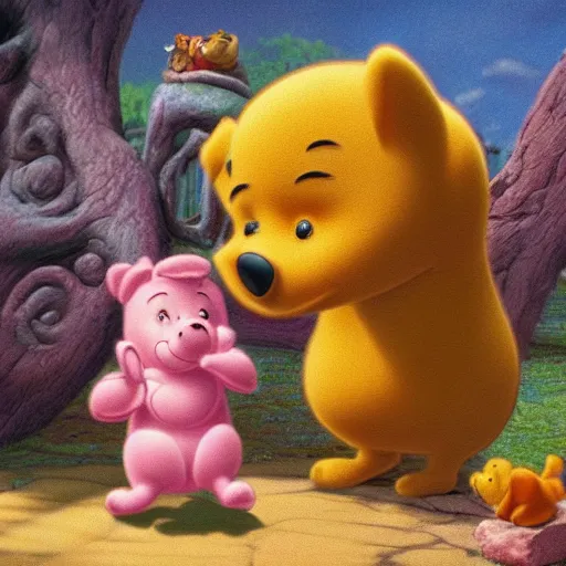 Image similar to Winnie the poo playing with piglet and owl 4k extremely detailed surrealism