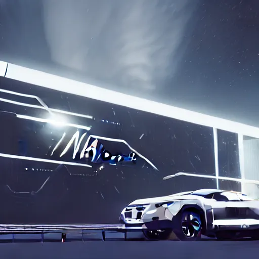 Image similar to sci-fi wall structure logotype and car on the coronation of napoleon painting and digital billboard in the middle, unreal engine 5, keyshot, octane, artstation trending, ultra high detail, ultra realistic, cinematic, 8k, 16k, in style of zaha hadid, in plastic, dark, tilt shift,