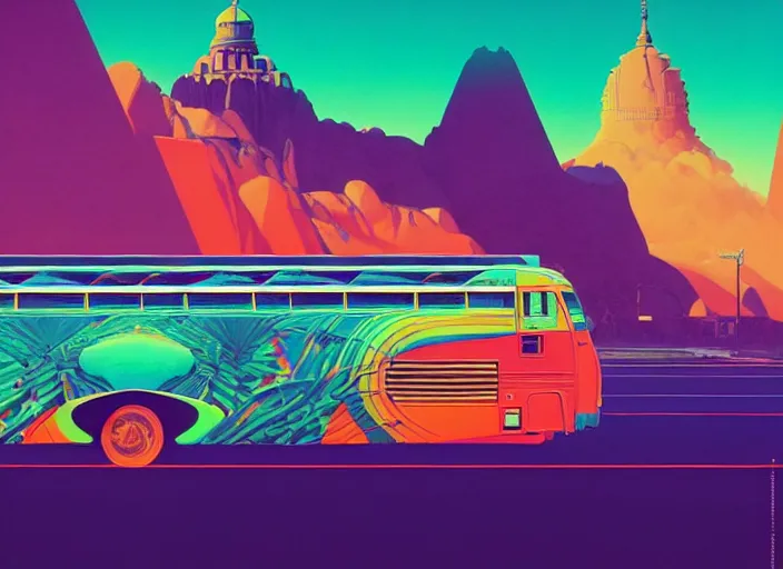 Prompt: a colorful indian bus by paolo eleuteri serpieri and tomer hanuka and chesley bonestell and daniel merriam and tomokazu matsuyama, unreal engine, high resolution render, featured on artstation, octane, 8 k, highly intricate details, vivid colors, vector illustration