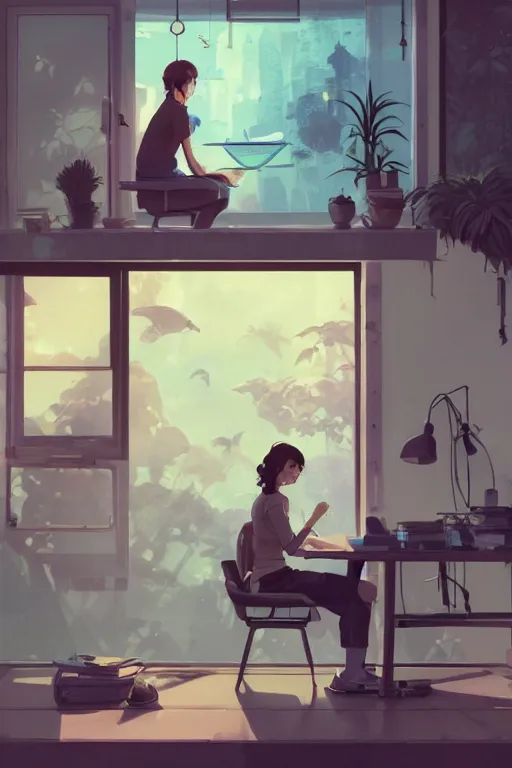 Prompt: beautiful scene render of a person sitting at a desk, looking at the goldfish in the fish tank, dimly lit bedroom, green plants, perfectly shaded, atmospheric lighting, style of makoto shinkai and peter mohrbacher, studio ghibli. artgerm, karol bak, beeple, animation style, 8 k hd, ultra wide angle, hyper detailed