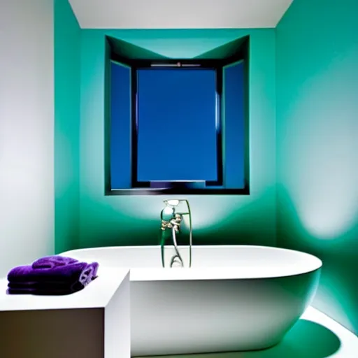 Prompt: a large bathroom, colorful, bright, designed by zaha hadid