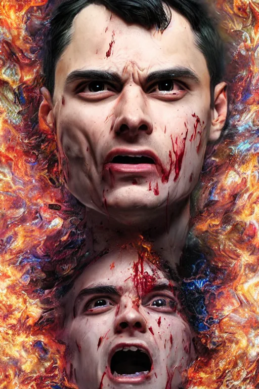 Prompt: uhd hyperrealistic photorealisitc hyperdetailed detailed ben shapiro head exploding, puking blood, screaming, with sparking circuits, studio lighting, by ayami kojima amano karol bak, greg hildebrandt and mark brooks