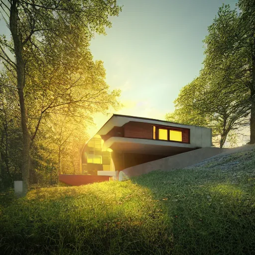 Image similar to a detailed photo of a house in the woods, designed by le corbusier, beautiful sunset, photorealistic, hyperrealistic, octane render