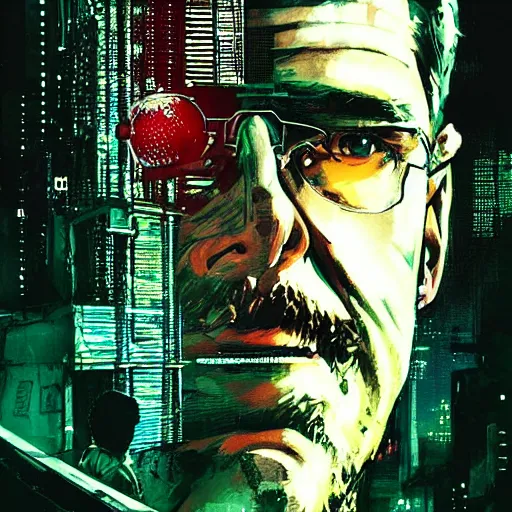 Image similar to Armitage from the novel Neuromancer, washed up, old ex military, old man, portrait shot, wires, cyberpunk, dramatic light, cyberpunk city in the background, movie illustration, poster art by Drew Struzan