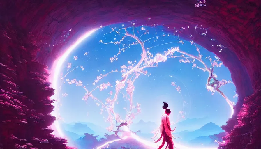 Prompt: a sakura portal appears out of nowhere in waimea canyon, inside the portal is a gateway to tao zhu yin yuan, otherworldly visuals, visually stunning, divine, scifi, by james jean, ruan jia, ilya kuvshinov, martine johanna, peter mohrbacher