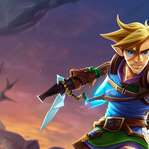 Prompt: link as a character in the game league of legends, with a background based on the game league of legends, detailed face