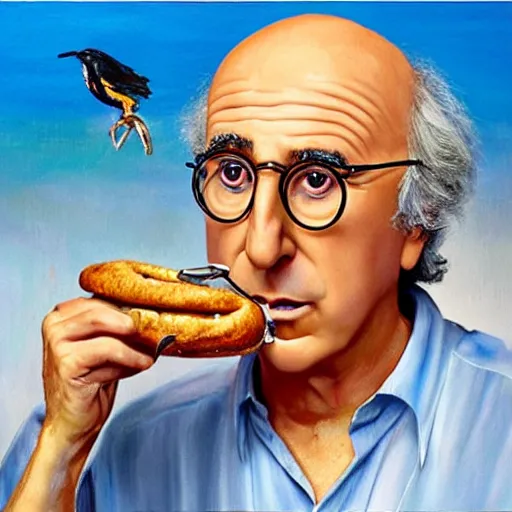 Image similar to Larry David eating a bagel in the style of Salvador Dali, oil painting