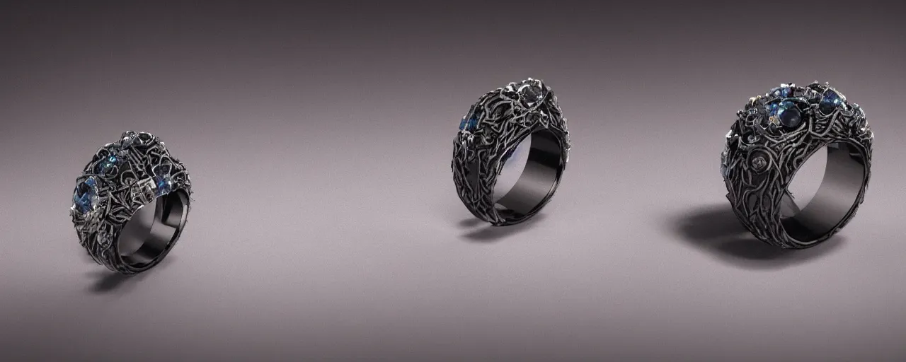 Image similar to black magic crystal ring, fire, flame, crystal, engravings, diamonds, product design, art by gerald brom, greg rutkowski and artgerm, photo realism, unreal engine, c 4 d