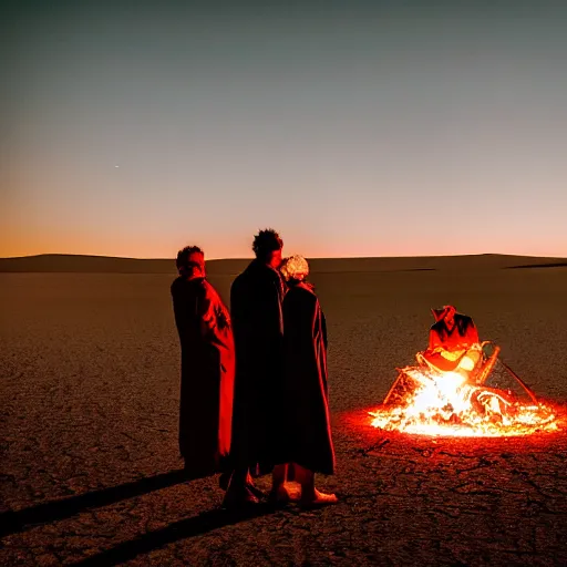 Prompt: atmospheric photograph of three ravers, two men, one woman in a trenchcoat blessing the earth, seen from behind, talking around a fire, dancefloor kismet, diverse costumes, clean composition, desert transition area, bonfire, night, australian desert, xf iq 4, symmetry, sony a 7 r, 1 5 0 mp, 5 0 mm