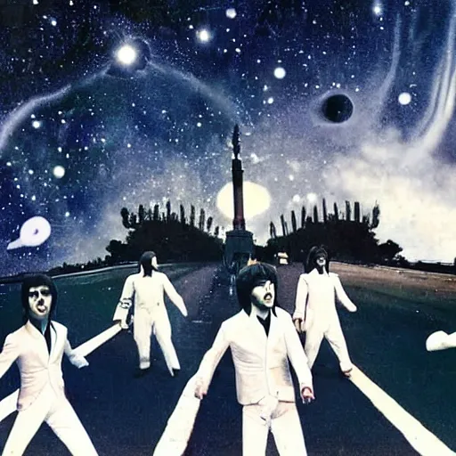 Prompt: the beatles playing a concert on jupiter to a crowd of aliens. photograph 8 k cinematic colored