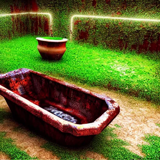 Prompt: hyperrealism photography computer simulation visualisation of parallel universe detailed old rusty bath in the detailed ukrainian village garden in dramatic scene from art house futuristic movie by caravaggio and alejandro jodorowsky