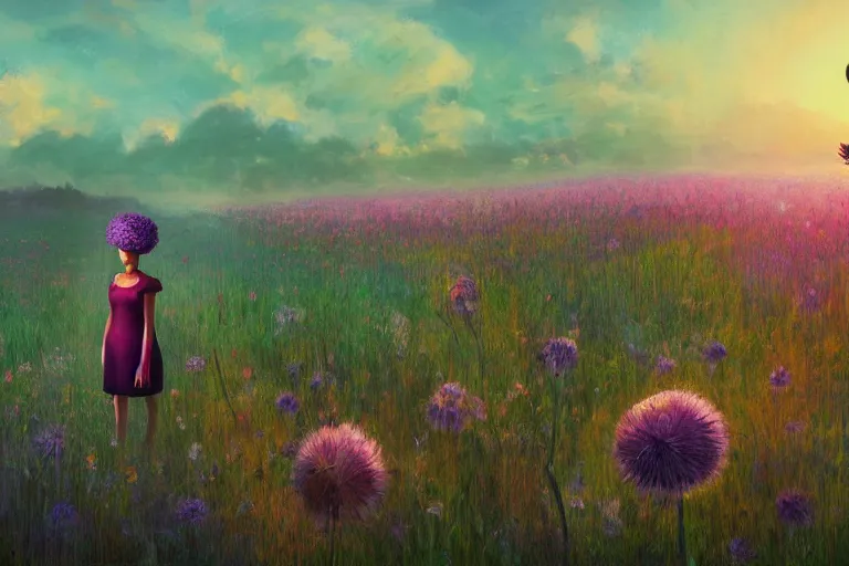 Image similar to giant thistle flower head, girl in suit in field of flowers, surreal photography, sunrise, blue sky, dramatic light, impressionist painting, digital painting, artstation, simon stalenhag