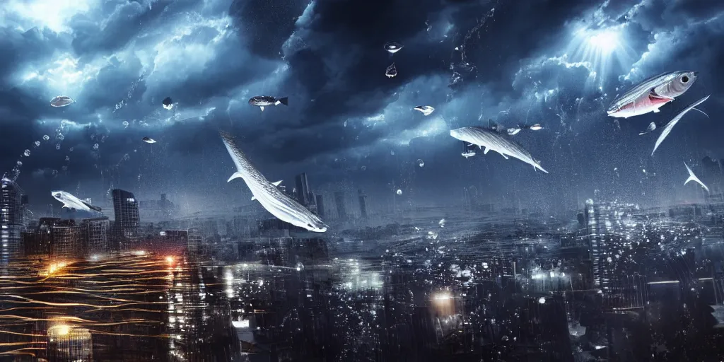 Prompt: spectacular epic shot film still by marvel, massive giant japanese fishes flying over a new city building, stormy weather and sun godrays, night time, water bubble particles stream in the air one fish close to camera, high detailed render, windows and sun reflection, hyperrealism, detailed textures, hyper detail, david kostic, artgerm