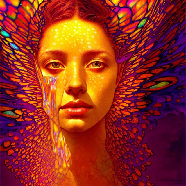 Prompt: psychedelic transcendent freckled face mind bending psychedelic wings of glossy liquid honey flowing like kaleidoscopic translucent holograph, lsd feathers, honey wind, enlightenment, high contrast dappled lighting, refracted sunset, highly detailed, concept art, art by collier, albert aublet, krenz cushart, artem demura, alphonse mucha