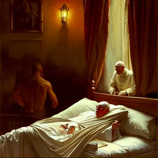 Prompt: the pope wakes up is his bed, sweating, nervous and terrified, a double horned shadow demon lurks in the curtains of the papal bedroom. highly detailed painting by gaston bussiere, j. c. leyendecker, greg rutkowski, craig mullins 8 k