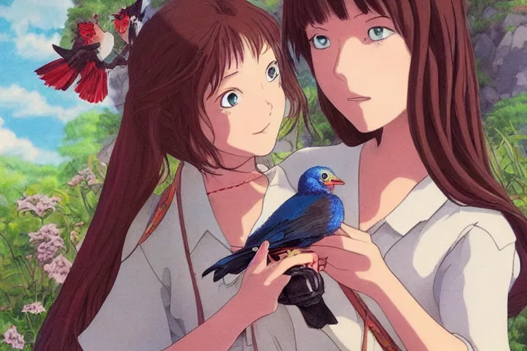 Image similar to young pretty girl holding a bird in her hands, looking touched, Fragile looking character portrait , beautiful scene; highly detailed art, by Studio Ghibli , High contrast, anime art