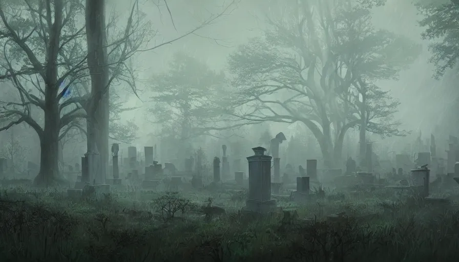 Prompt: dark forest, rain, dense fog, abandoned graveyard, full of details, by Makoto Shinkai and Thomas Kinkade, Matte painting, trending on artstation and unreal engine