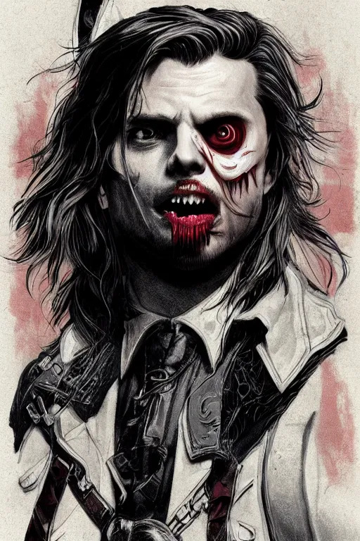 Image similar to sebastian stan in sleepy hollow, full body, big two toned eyes, teeth gritted, horror, intricate details, cinematic, epic, realistic, anatomy, tomer hanuka, uplight, artstation, photorealistic, scary