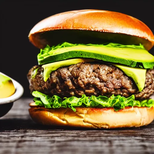 Image similar to a hamburger with too much avocado, 8 k resolution, amazing food photography