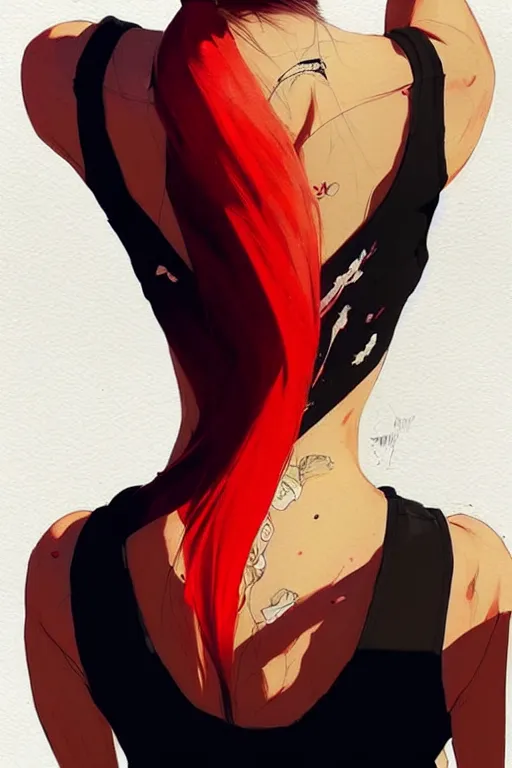 Image similar to a ultradetailed beautiful back painting of a stylish woman, she is wearing a black tank top and jeans, her hair is in a pony tail, by conrad roset, greg rutkowski and makoto shinkai trending on artstation