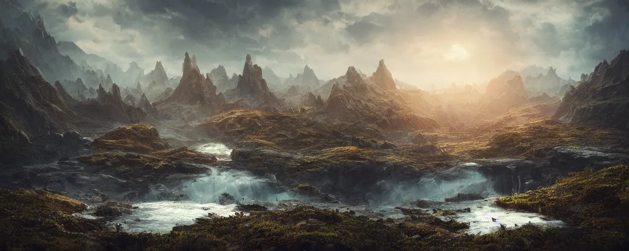 Image similar to ” otherwordly landscape, [ by wlop, cinematic, detailed, epic, widescreen, opening, establishing, mattepainting, photorealistic, realistic textures, octane render ] ”