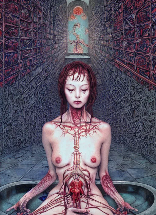 Prompt: realistic detailed image of a nurse performing an occult ritual in an old soviet public bathroom by Ayami Kojima, and Mark Brooks, Neo-Gothic, gothic, rich deep colors. Beksinski painting. art by Takato Yamamoto. masterpiece. ultra details, high quality, high resolution .