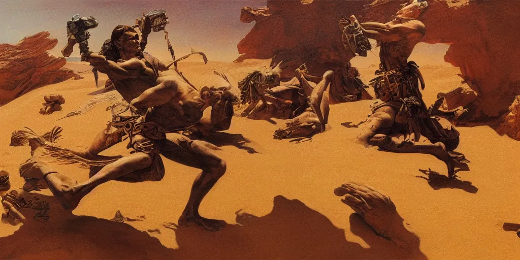 Image similar to peace of desert truth God Sand menace in the style of Frank Frazetta, Jeff Easley, Caravaggio, extremely clear and coherent, intricate and detailed, 8K resolution