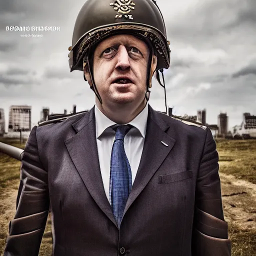 Image similar to boris johnson with military helmet on in kyiv, realistic, long shot, sunny lighting, octane render, gq magazine, hyper realistic, high quality, highly detailed, hd, beautiful, cinematic, 8 k, unreal engine, facial accuracy,