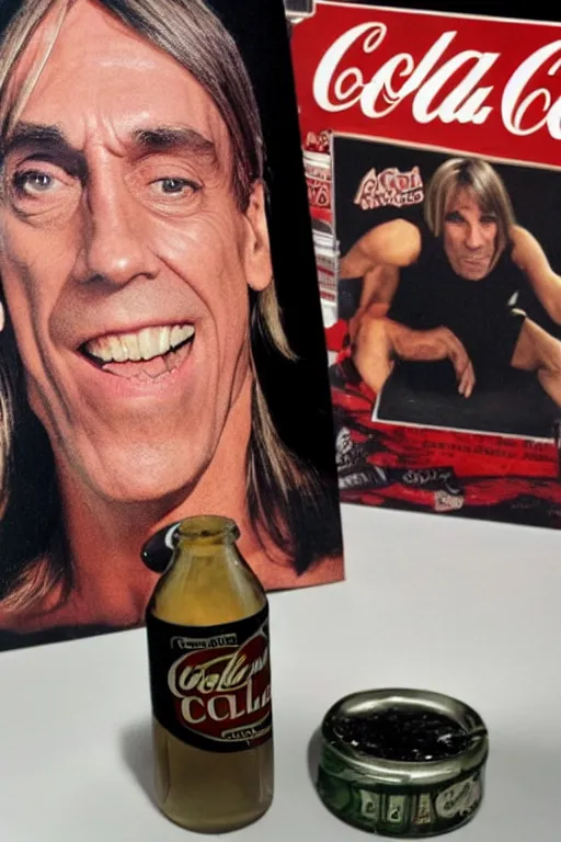 Image similar to a bottle of cola with iggy pop's face on the label, sitting on a store shelf