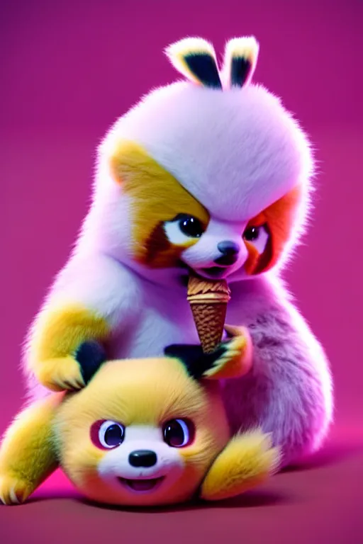 Image similar to high quality 3 d render hyperrealist very cute pastel fluffy red panda & koala hybrid eating giant ice cream, vray smooth, in the style of detective pikachu, very dramatic light, low angle, uhd 8 k, shallow depth or field