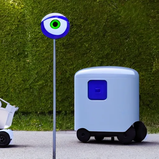 Image similar to a garbage collecting robot with digital eyes outdoors