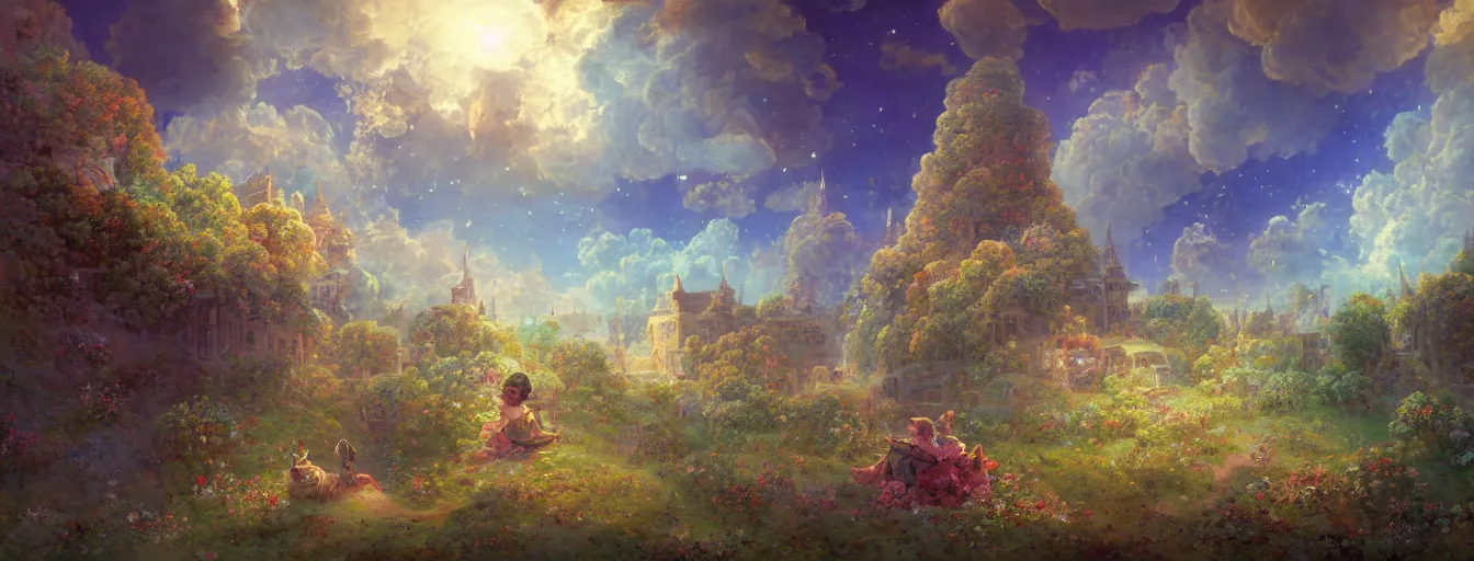 Image similar to a beautiful landscape painting of steampunk landscape, a junk nebula in the sky, galaxies visible, old buildings and colourful flowers, a tiny girl looking on with her talking cat, by jean - honore fragonard and don bluth and makoto shinkai, light rays, trending on artstation, octane render