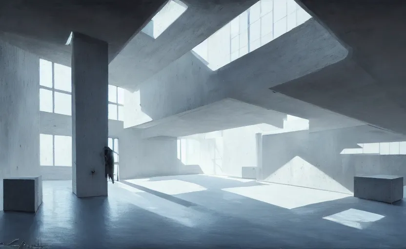 Image similar to painting of interior shot of a white concerete brutalist contemporary art museum by darek zabrocki and greg ruthkowski, cinematic and blue cold atmospheric, archillect concept art, artstation, trending on artstation