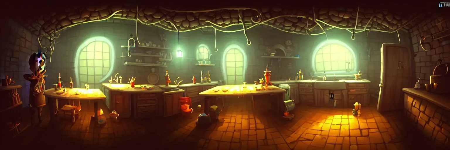 Prompt: fisheye, extra narrow, volumetric shadows, volumetric candle lighting, underground basement, dark walls, naive, detailed illustration of a kitchen, large floor, dungeon lighting by rhads from lorax movie, trending artstation, vines crawling, tavern