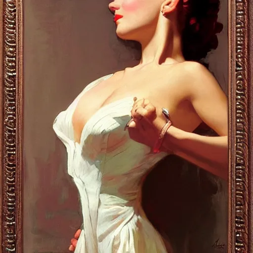 Image similar to portrait of a beautiful woman, intricate, elegant, highly detailed, by gil elvgren, by greg manchess, by mucha, by ruan jia