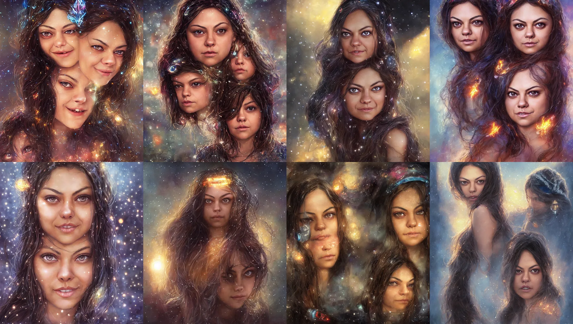 Image similar to big - eyed mila kunis winter princess smiling intensely into the camera, sundown golden hour firefly wisps, cyberpunk neon, steve hanks, charlie bowater, mark brooks, steve henderson, justin gerard, mark keathley, victor nizovtsev, tom bagshaw, krenz cushart, ross tran, focal length : 2 0 0. 0 mm