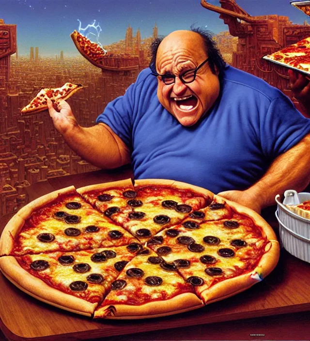 Prompt: derpy looking danny devito eating greasy pizza, pizza is everywhere, weird, strange, bizarre, surreal, epic composition, 2 0 0 mm focal length, donato giancola, tim hildebrandt, wayne barlow, bruce pennington, larry elmore