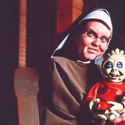 Image similar to a nun in church holding chucky the evil killer doll on her lap