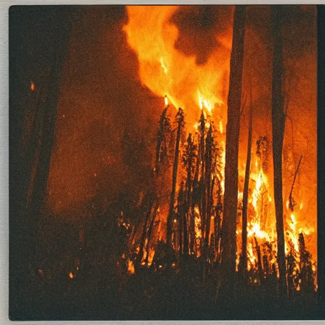 Image similar to field of cannabis burning on fire at night, forest fire, polaroid