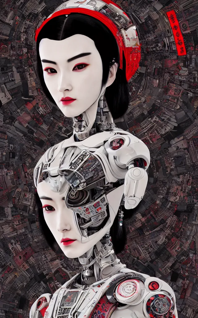 Image similar to an epic fantastic realism comic book style portrait painting of a japanese robotic : akira geisha with chinese pattern tattoos and decals, 云 雷 纹, 蟒 纹, inspired by the lord of ghost in the shell, octane render, intricate detail, 8 k hd, unreal engine 5, ex machina, irobot