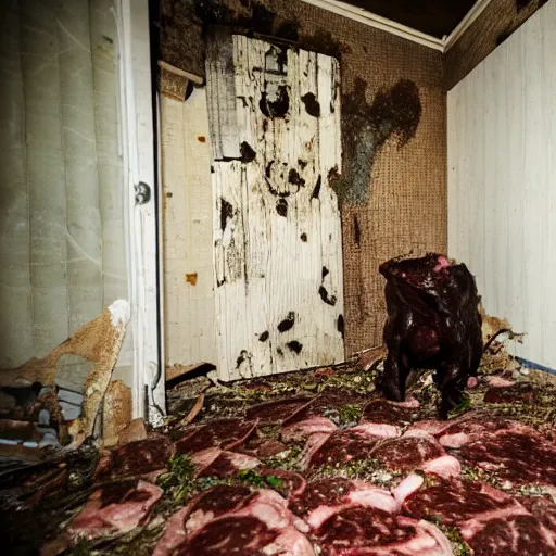 Prompt: flash photography of a male meat creature inside a abandoned house,