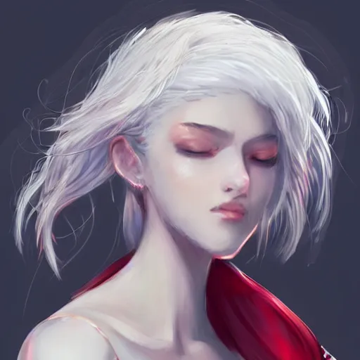 Prompt: portrait of a girl with white hair in a messy white hairbun. She is wearing a short black tshirt, jeans pants, a red scarf. magic atmosphere, digital art, character design. in the style of wlop, rossdraws, artstation trending