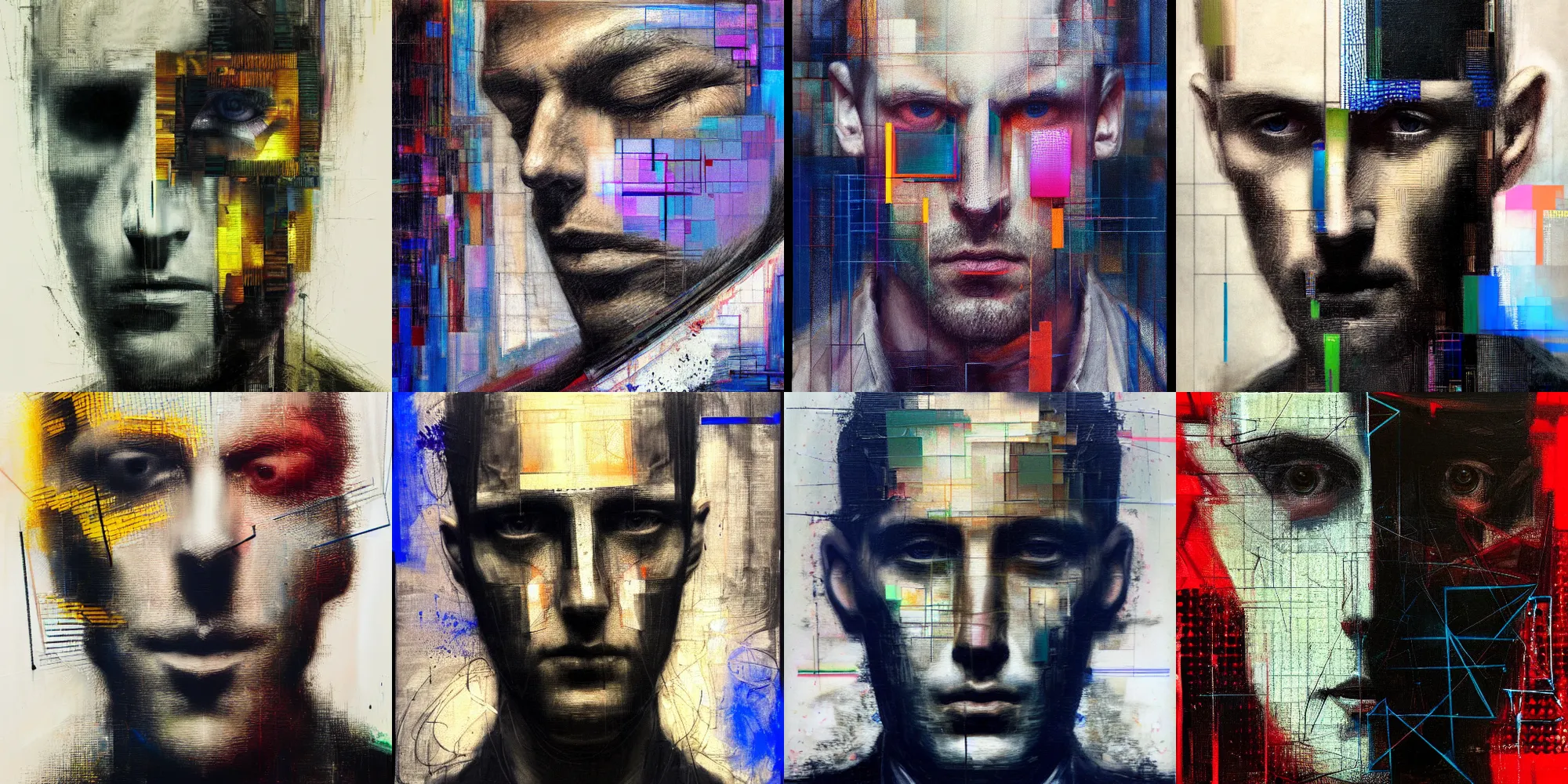 Prompt: hyperrealistic portrait of a mysterious man, by Guy Denning, Johannes Itten, glitch art, fine detail, polished, complex, hacking effects, digital tech effects, color blocking, acrylic on canvas, concept art, abstract, symmetrical, 8k, concept art, octane, trending on artstation