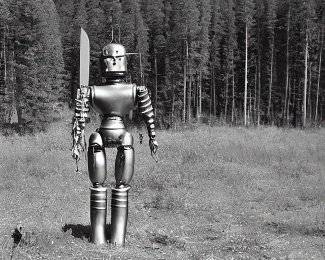 Prompt: middle shot, ancient greek robot warrior standing in front of altai forest with a sword, circa 1 9 8 4, detailed photo