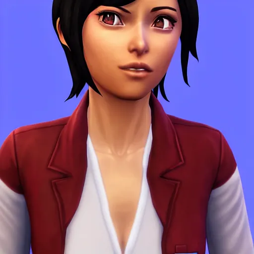 Prompt: sims 4 game key visual art render of a mikasa ackerman from attack on titan, perfect face, detailed, labcoat, closeup photo, trending on artstation, by sims, cgi, unreal engine