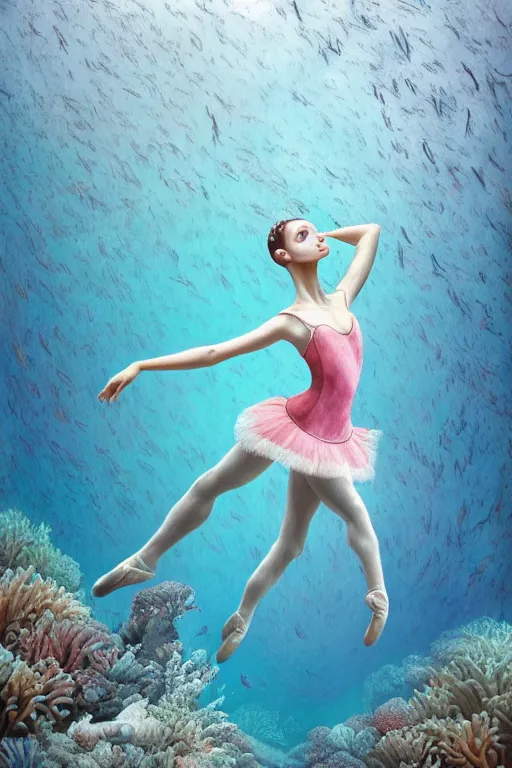 Image similar to ballerina alone at the bottom of the great barrier reef by jaques cousteau, digital art, smooth, focus, highly detailed, hyper realistic, intricate, art by wlop