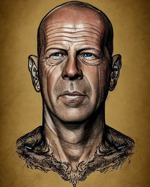 Image similar to face-centred portrait of Bruce Willis in lord of the rings movie , body covered in elfish tattoos , open magic book glowing, D&D, fantasy, highly detailed, digital art, fantasy illustration, trending on artstation, smooth, sharp focus, illustration, art by artgem and ROBERT HYNES