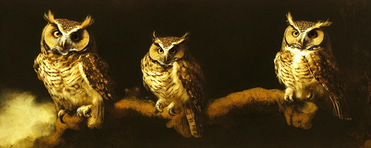 Prompt: owl and jumping spider, painting by Rembrandt, wallpaper, detailed, moody lighting
